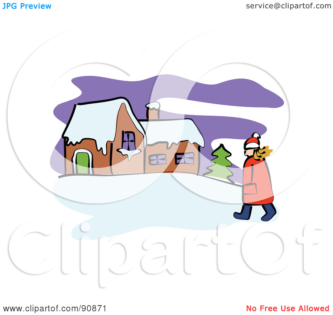 Rf  Clipart Illustration Of A Girl Walking In The Snow Towards A Home