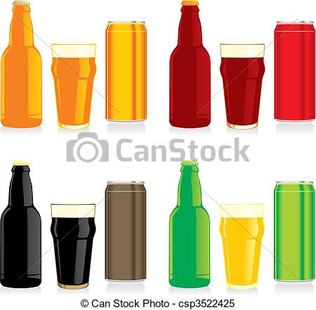 Vector   Beer Bottles Glasses And Cans   Stock Illustration Royalty