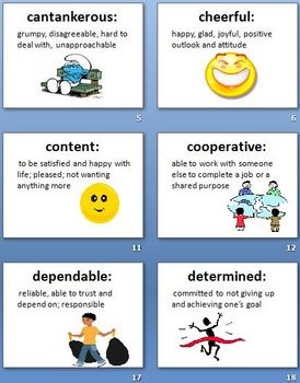 48 Character Trait Definition Cards W Colorful Clip Art Ppt For Each