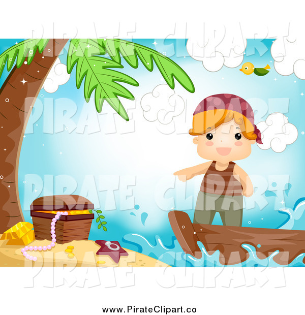     Clip Art Of A Pirate Boy Pointing To A Treasure Chest On An Island