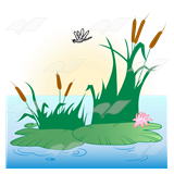 Clip Art    Pond Scene With Cattails Lily Pads And A Dragonfly