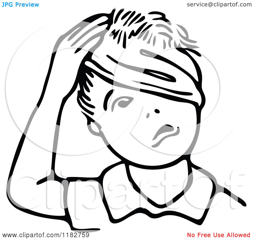 Clipart Of A Black And White Boy With A Bandage Around His Head