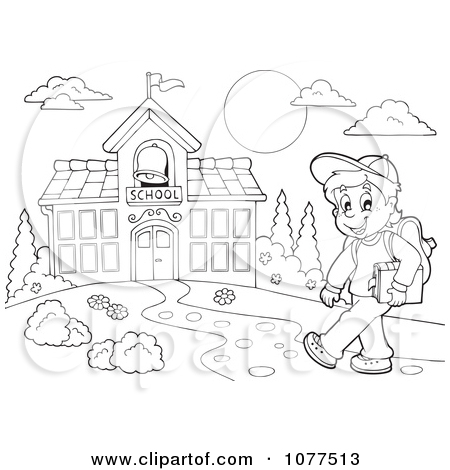 Clipart Outlined Happy School Boy Walking On A Path To A Building