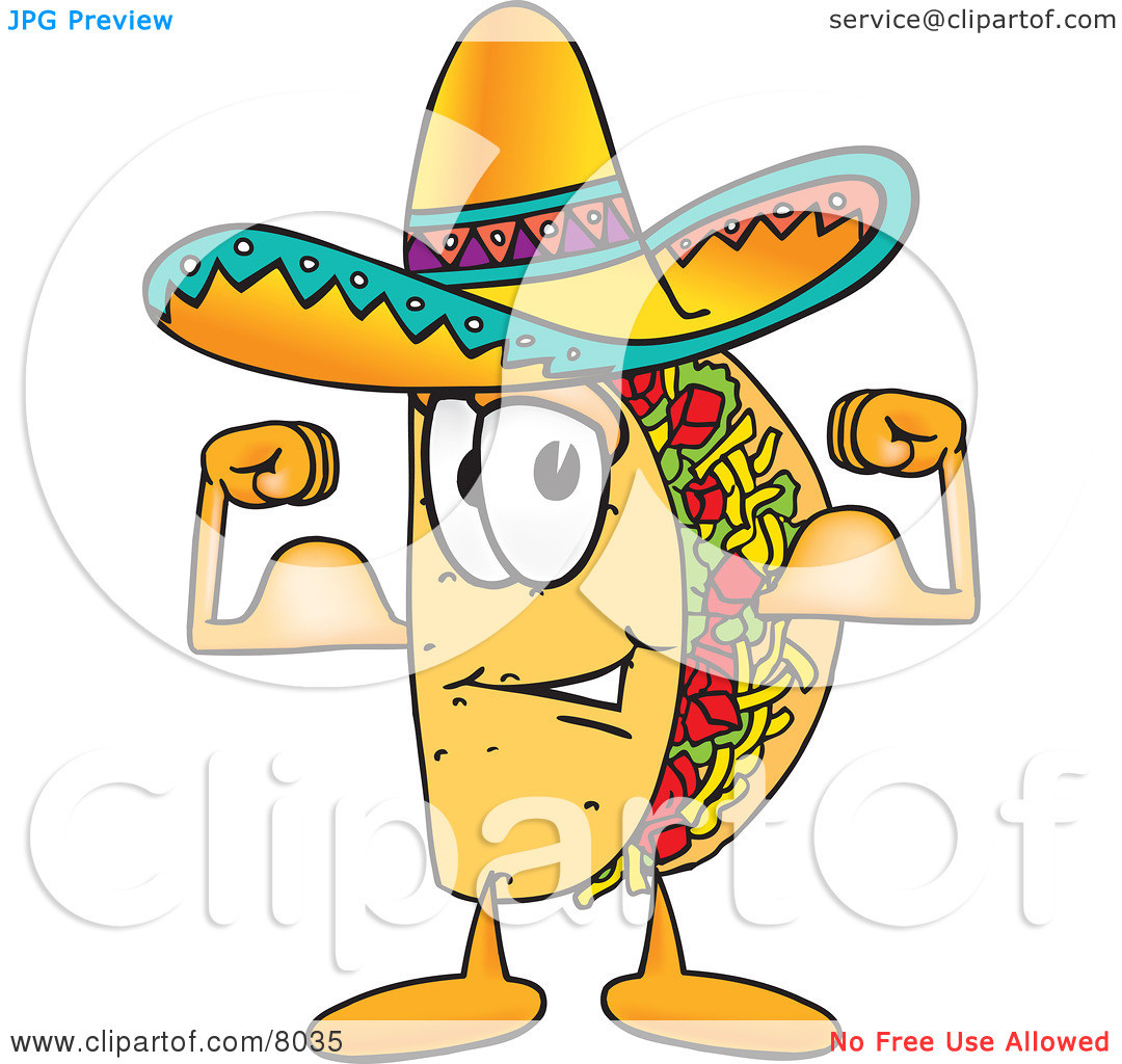 Clipart Picture Of A Taco Mascot Cartoon Character Flexing His Arm