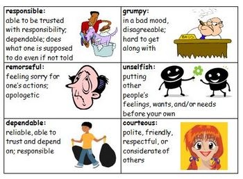Definition Cards And Colorful Clip Art For 48 Character Traits