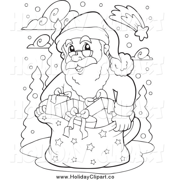 Holiday Vector Clip Art Of A Black And White Happy Santa With Gifts In