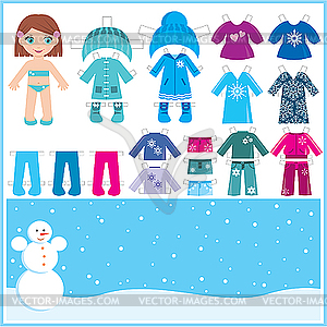 Paper Doll With Set Of Winter Clothes   Color Vector Clipart