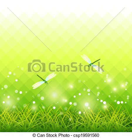 Vector Green Season Background With Grass Dragonfly Lights Backdrop