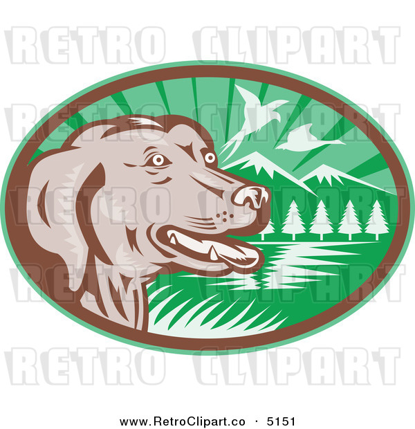 Vector Retro Clipart Of A Chocolate Lab Dog With Pheasants By
