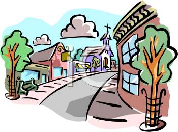 4503 Street In A Small Town With Stores And A Church Clipart Image