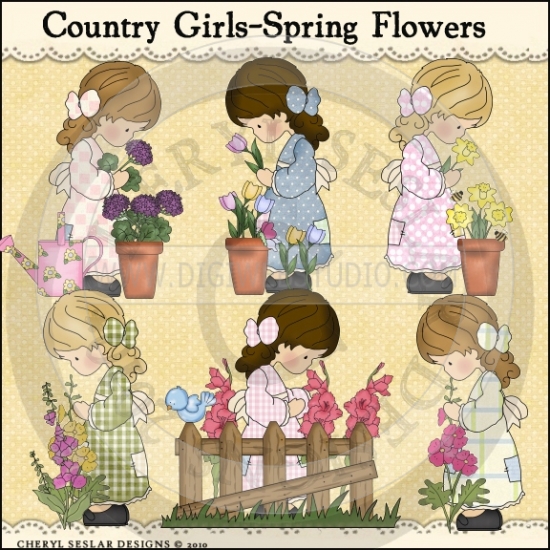 Country Girls Spring Flowers 1   Clip Art By Cheryl Seslar   Digi Web    