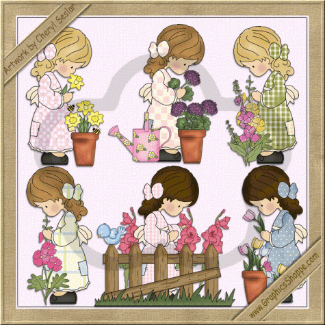 Country Girls Spring Flowers Clip Art Graphics    1 00   Graphics