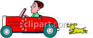Dog Chasing A Red Car Royalty Free Clipart Picture