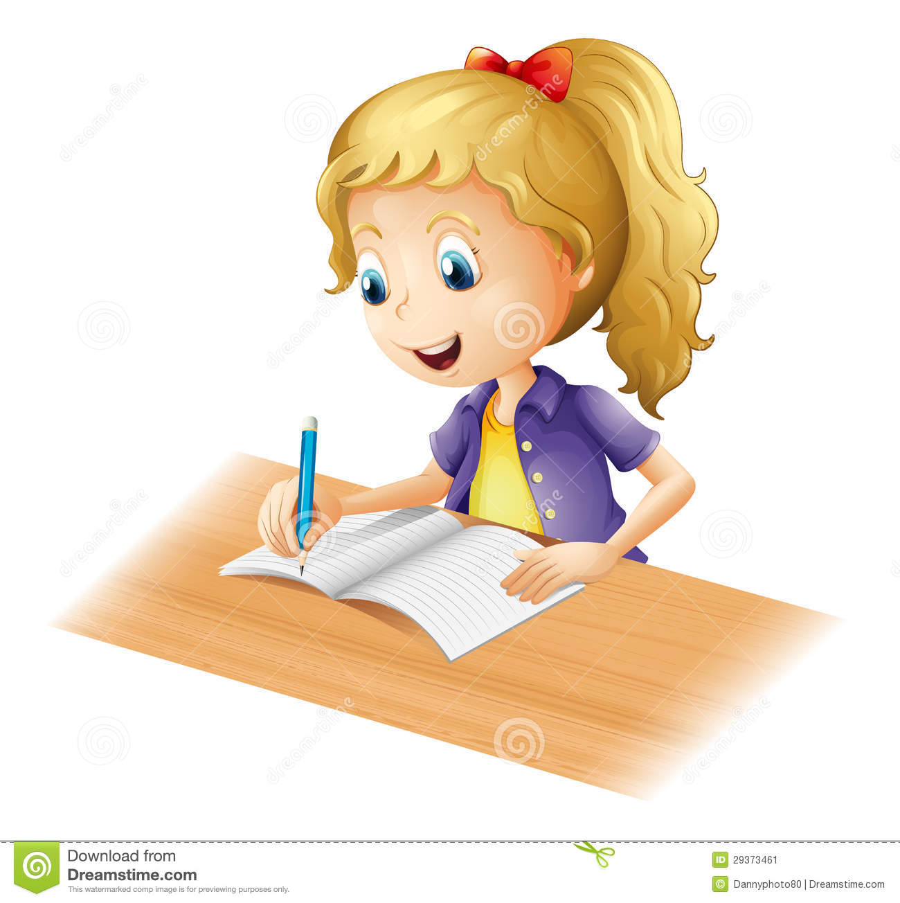 Illustration Of A Young Girl Writing On A White Background
