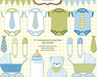 Instant Download Baby Boy Clip Art Clipart Blue Green Bunting Onesies