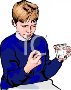 Realistic Style Of A Boy Taking Medicine   Royalty Free Clipart    