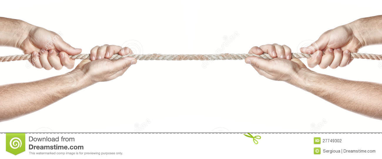 Two People Are Pulling A Rope Competing Hands  On A White Background
