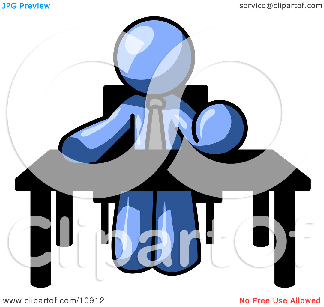 Blue Businessman Seated At A Desk Instructing Employees Clipart