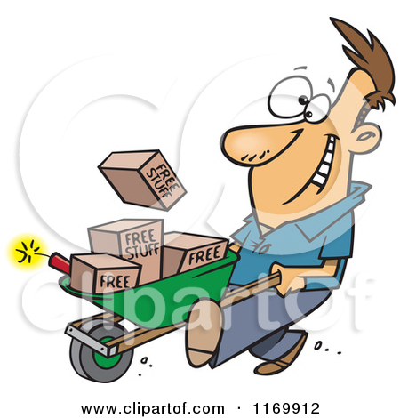 Cartoon Of A Man Pushing Dynamite And Free Stuff In A Wheelbarrow    