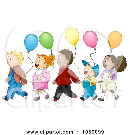 Clip Art Illustration Of Diverse Kids Walking In Line With Balloons