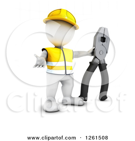 Clipart Of A 3d White Man Construction Worker With A Giant Pair Of