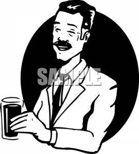 Clipart Picture  Black And Whiet Man Smiling And Drinking A Beer