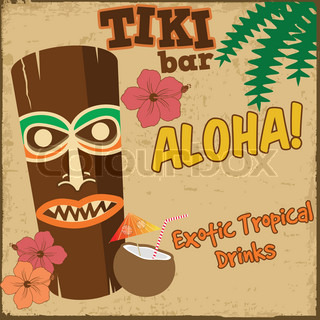 Vintage Hawaiian Tiki Bar   Cocktail And Tiki Totem   Vector