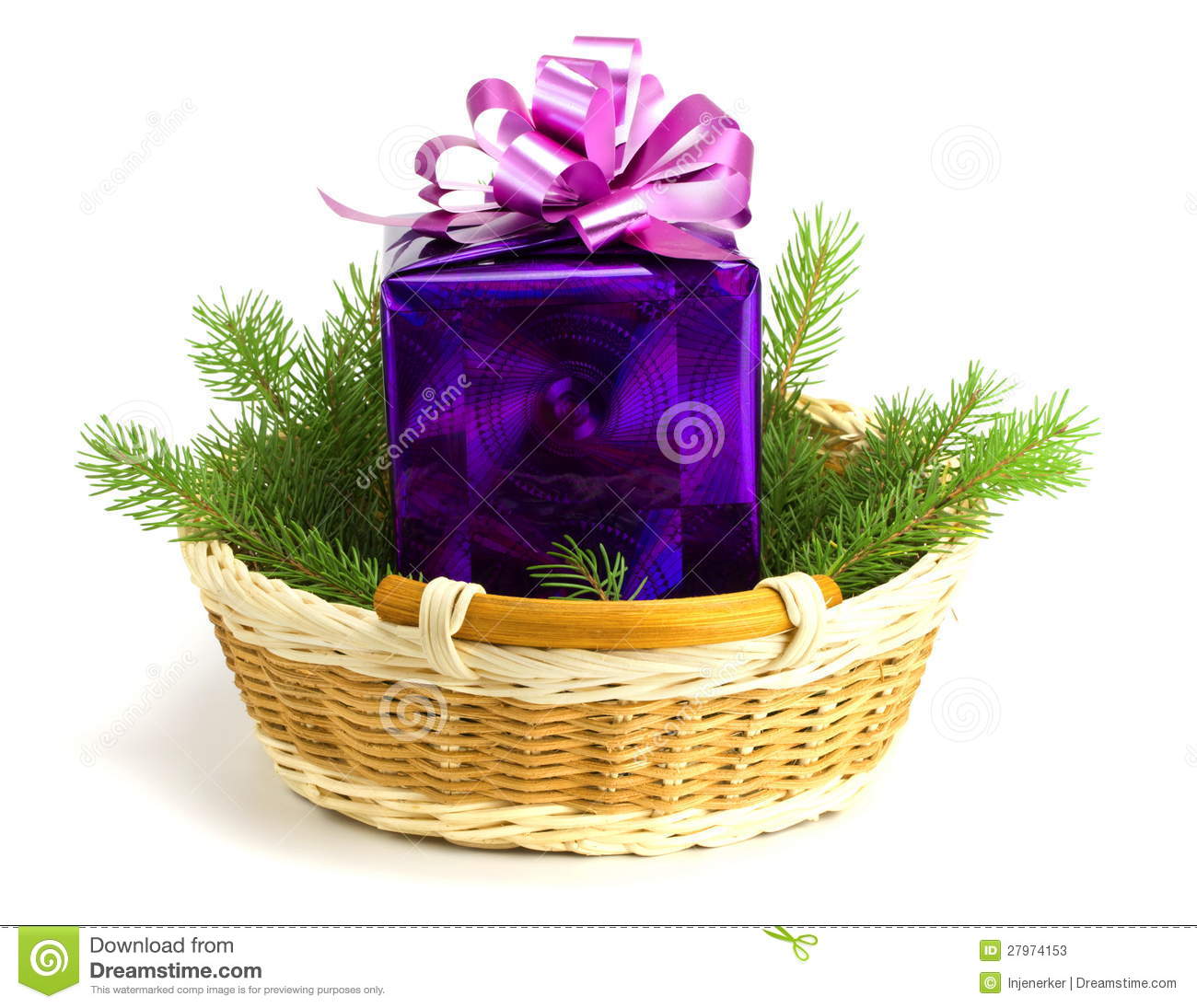 Gift With A Fur Tree In A Basket On The White Isolated Background