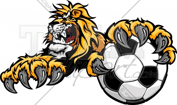 Lion Soccer Cartoon Mascot With Claws On A Soccer Ball Vector