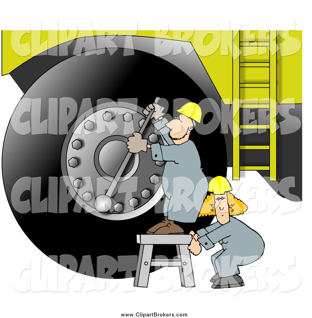Repairman And Woman Putting A New Tire On A Huge Truck By Dennis Cox