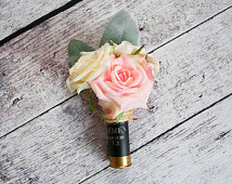 Shotgun Shell Wedding Boutonniere With Blush And Ivory Roses