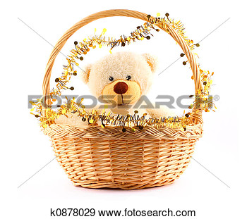 Stock Photograph   White Teddy Bear In A Basket  Fotosearch   Search