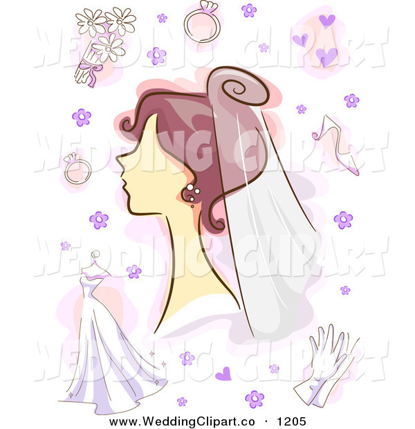 Vector Cartoon Marriage Clipart Of A Wedding Bride With Purple Flowers    