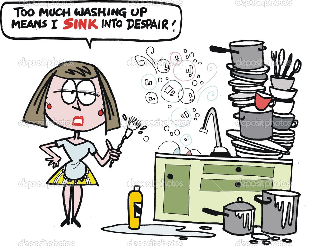 Vector Cartoon Van Gefrustreerd Huisvrouw Gerechten Wassen