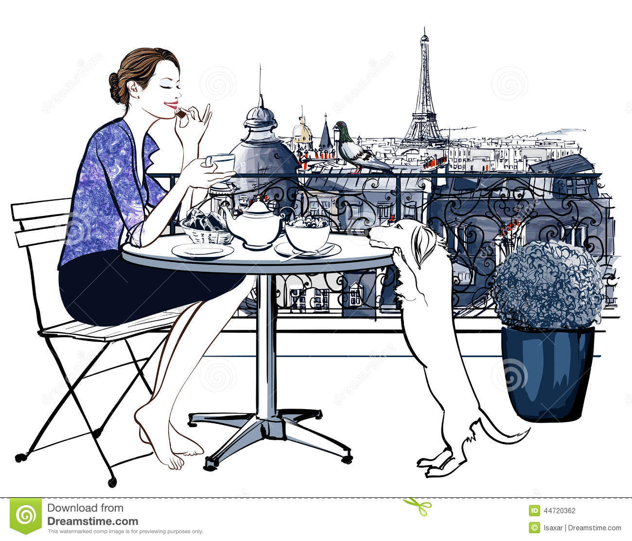 Woman Having Breakfast On A Balcony In Paris Stock Vector   Image    