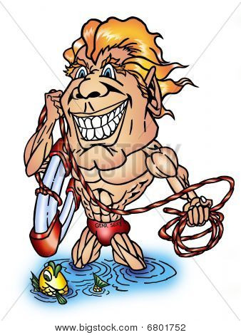 Cartoon Drawing Of A Humorous Lifeguard With Rescue Float And Rope    