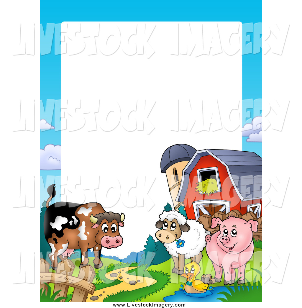 Clip Art Of A Happy Cow Duck Sheep And Pig By A Silo And Barn Border    