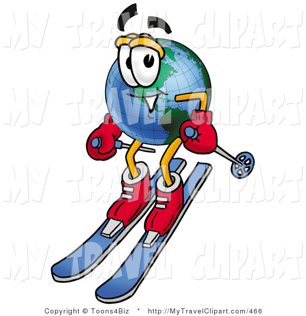 Clipart Of A World Earth Globe Mascot Cartoon Character Skiing