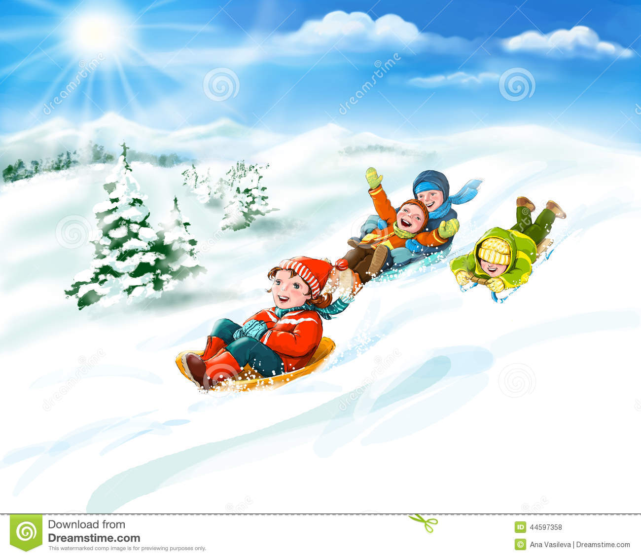 Kids With Sledges Snow   Happy Winter Vacation Stock Illustration