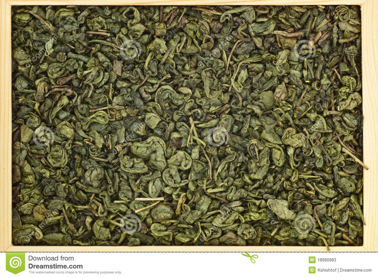 Leaves Of Chinese Green Tea In Wooden Box As A Background