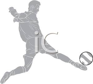 Man Kicking Sideways At A Soccer Ball   Royalty Free Clipart Picture