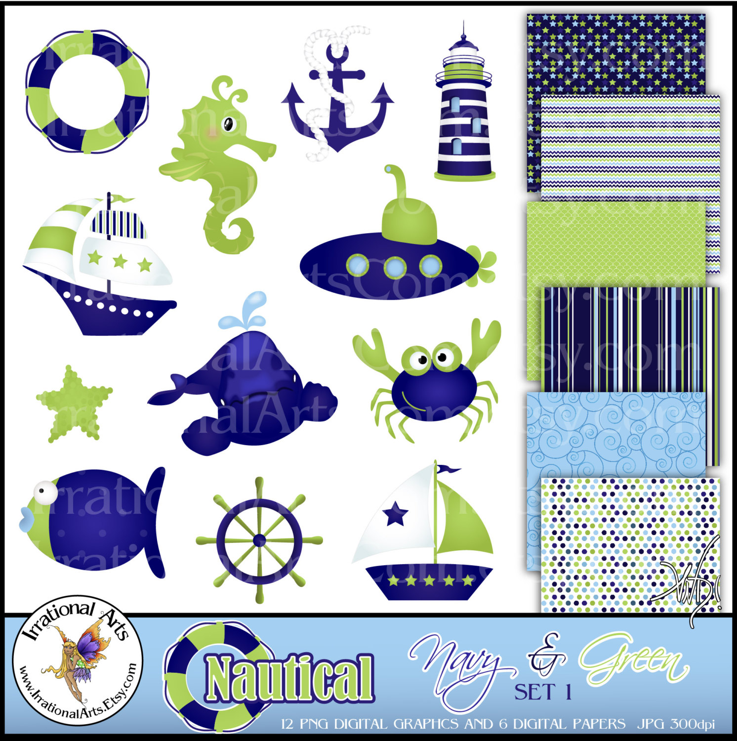 Nautical Navy And Green Set 1 With 12digital Graphics And 6 Digital    