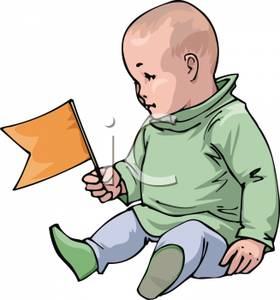 Toddler Sitting Down Holding A Yellow Flag   Royalty Free Clipart