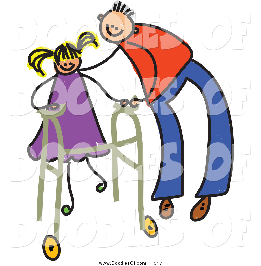 Vector Clipart Of A Childs Sketch Of A Happy Father Helping A Girl Use    