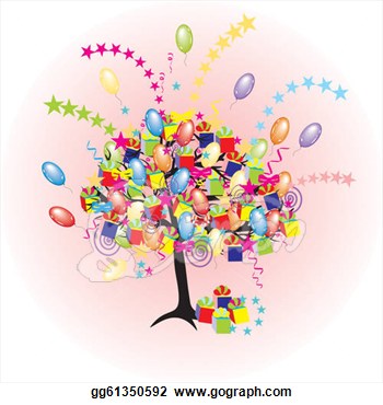 Vector Illustration   Cartoon Party Tree With Baloons Giftes Boxes