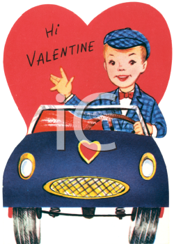 Vintage Valentine Card Showing A Boy Driving A Sports Car