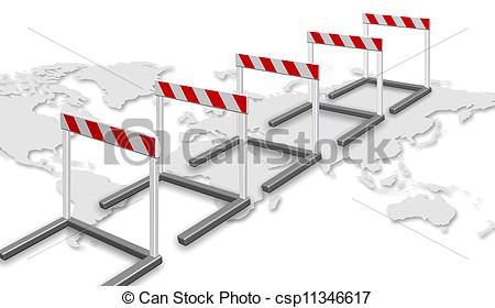 Clipart Of Path To Success   A Row Of Barriers And Map Of World On The    