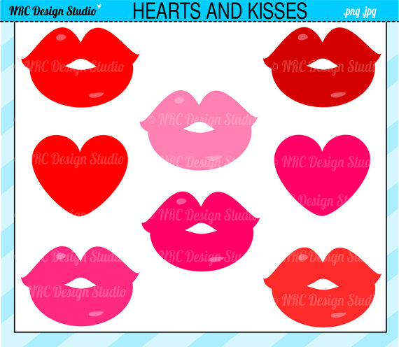 Final Sale Valentine Clip Art   Hearts Kisses Clip Art   Lips Red Pink