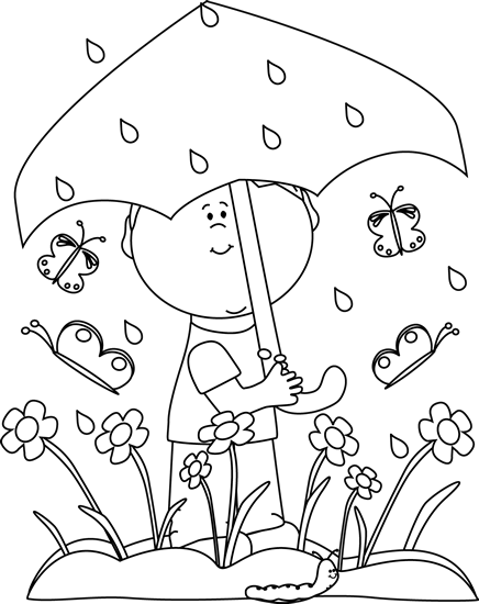 Boy In Spring Rain Clip Art   Black And White Boy In Spring Rain Image
