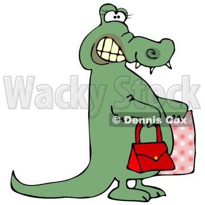 Female Alligator Grinning And Carrying A Purse And Bag While Shopping